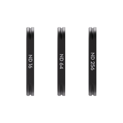 Filtros fotográficos circulares pretos ND 16, ND 64 e ND 256 lado a lado