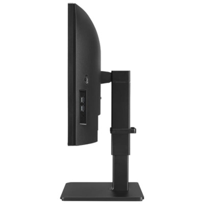 Monitor preto com base retangular e portas USB na lateral