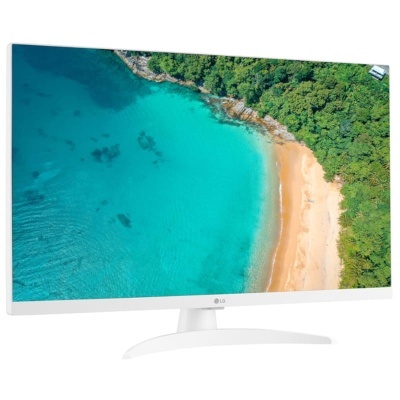 Monitor curvo branco LG com imagem de praia na tela