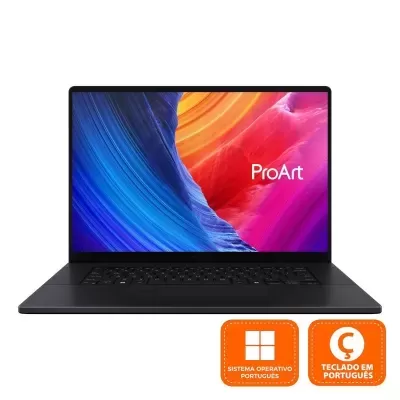 Computador portátil preto da série ProArt com ecrã colorido e texto em português
