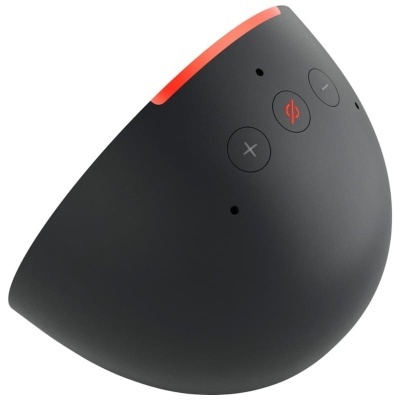 Dispositivo eletrônico preto curvo com botões e faixa vermelha