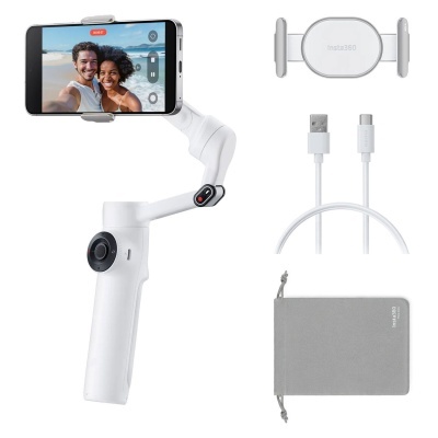 Estabilizador de smartphone Insta360 com acessórios em branco e cinza