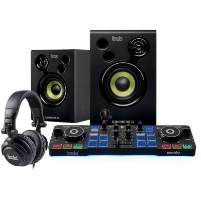 Equipamento DJ com colunas Hercules DJMonitor 32, mesa de mistura e auscultadores pretos