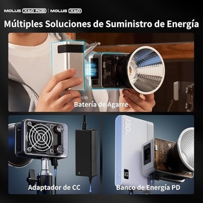 Dispositivos de energia e acessórios para iluminação fotográfica com texto em espanhol