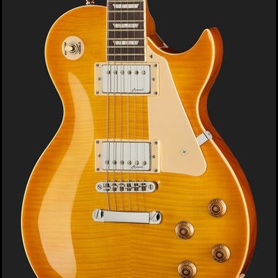 Guitarra elétrica corpo sólido amarelo com captadores e botões, fundo preto.