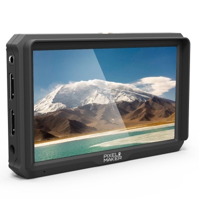 Monitor digital Pixel Maker com ecrã a mostrar montanha nevada e lago