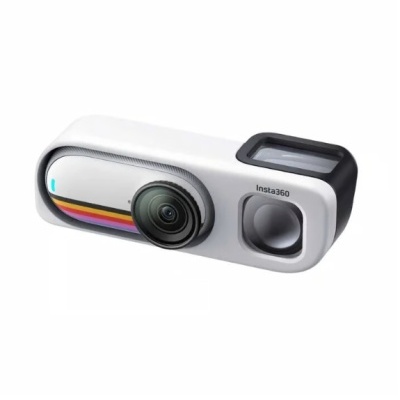 Câmara Insta360 branca e preta com lente grande angular e detalhes em arco-íris