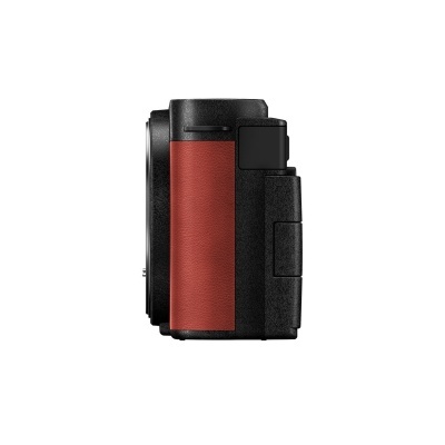 Câmera fotográfica compacta preta e vermelha vista de lado