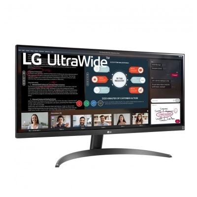 Monitor LG UltraWide curvo preto com gráficos e videochamada no ecrã