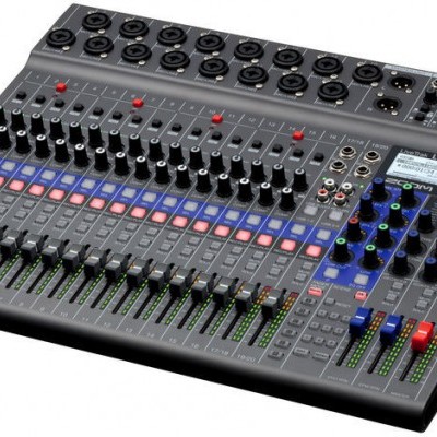 Mesa de mistura de áudio digital cinza com múltiplos canais e botões coloridos