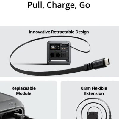 Dispositivo elétrico compacto com cabo USB-C retrátil e texto promocional