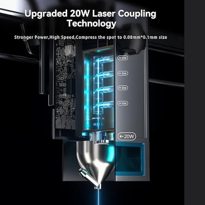 Dispositivo tecnológico com laser azul e texto sobre tecnologia laser de 20W