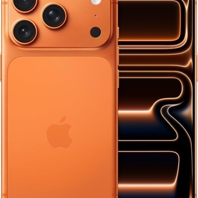 Smartphone Apple iPhone laranja fosco com três câmaras traseiras e ecrã frontal grande.