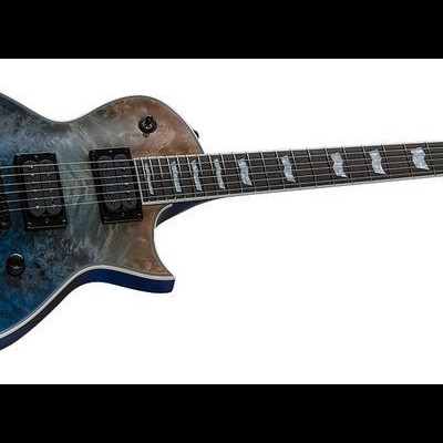 Guitarra elétrica azul e preta com duas captadores e botões pretos