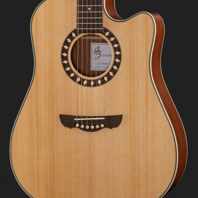 Guitarra acústica dreadnought com tampo madeira clara e laterais madeira escura, seis cordas e detalhe decorativo circular