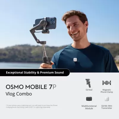 Homem a usar gimbal preto com smartphone ao ar livre e descrição do Osmo Mobile 7P Vlog Combo