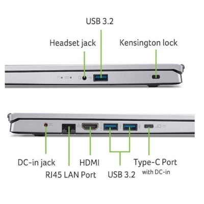 Portátil prateado visto de lado com portas etiquetadas