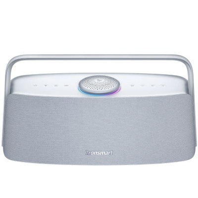 Coluna de som portátil Tronsmart cinza claro com asa integrada e luz RGB