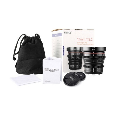 Objetivas Meike 12 mm T/2.2 com acessórios e embalagem