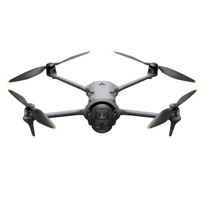 Drone cinzento com quatro hélices e câmara frontal