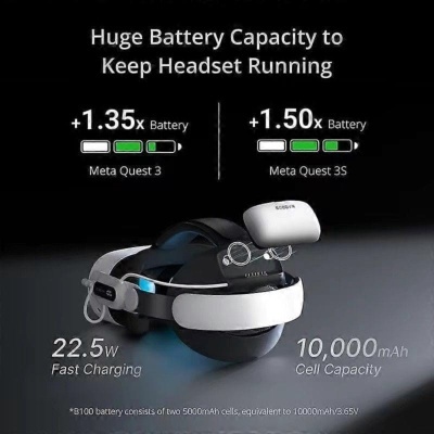 Headset Meta Quest 3 preto e branco com texto informativo sobre bateria