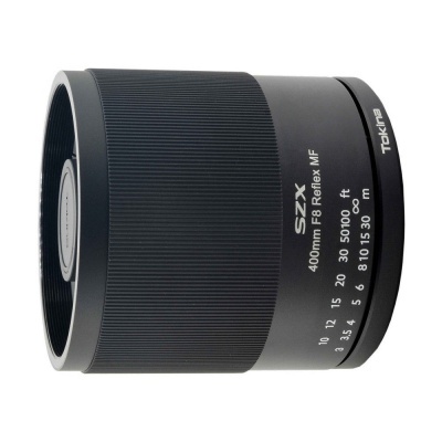 Lente de câmara Tokina SZX 400mm F8 Reflex MF preta com marcações de distância