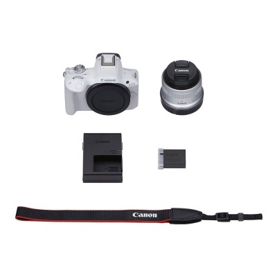 Conjunto de câmera Canon branca com lente, carregador, bateria e correia