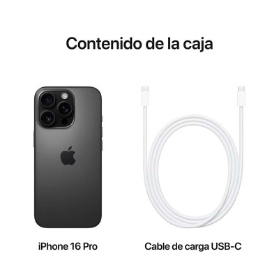iPhone 16 Pro preto com cabo de carga USB-C branco
