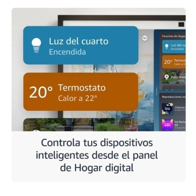 Ecrã digital com controlo de dispositivos inteligentes em espanhol.