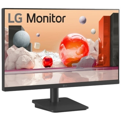 Monitor LG preto com ecrã plano mostrando esferas coloridas e texto LG Monitor