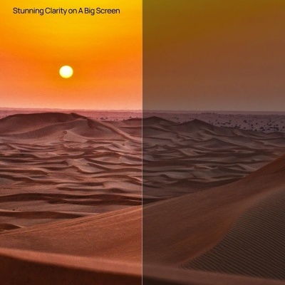 Deserto ao pôr do sol com texto sobre resolução e projeto de imagem.