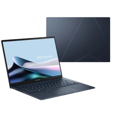 Portátil ASUS Zenbook azul escuro aberto e tampa traseira com padrão geométrico