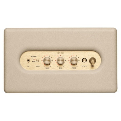 Amplificador de som bege com painel dourado e botões de controlo