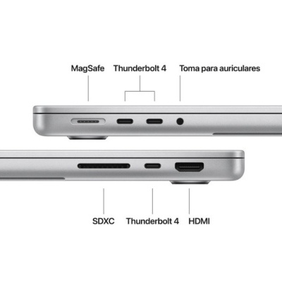Portátil prateado com portas MagSafe, Thunderbolt 4, HDMI e SDXC