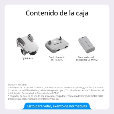 Conteúdo da caixa com drone DJI Mini 4K, controlo remoto DJI RC-N1C e bateria de voo inteligente DJI Mini 2