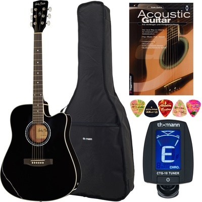 Conjunto com guitarra acústica preta, capa preta, afinador, palhetas e manual.