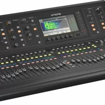 Mesa de mistura digital preta com botões e ecrã colorido