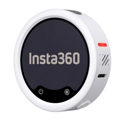 Câmara redonda branca Insta360 com ecrã preto e luz LED vermelha