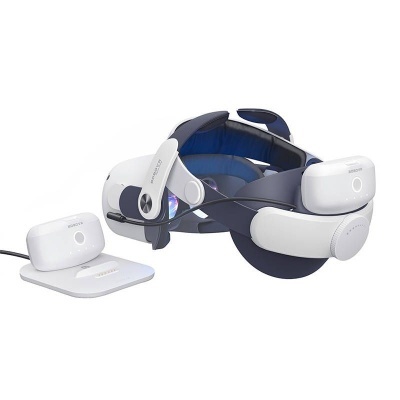 Aparelho de realidade virtual branco e azul SONY com base de carregamento