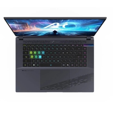 Computador portátil cinza com teclado iluminado e ecrã aberto