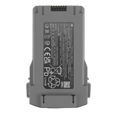 Bateria recarregável DJI cinza com etiqueta técnica e símbolos de reciclagem