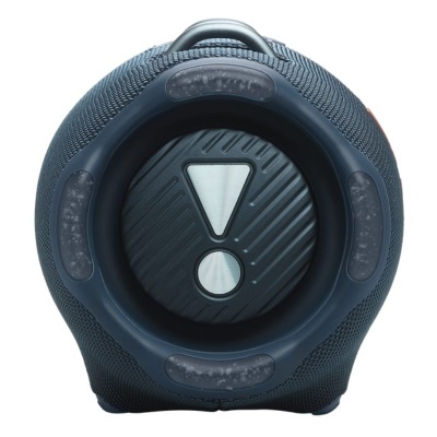 Coluna portátil preta com símbolo de exclamação no centro e alça superior