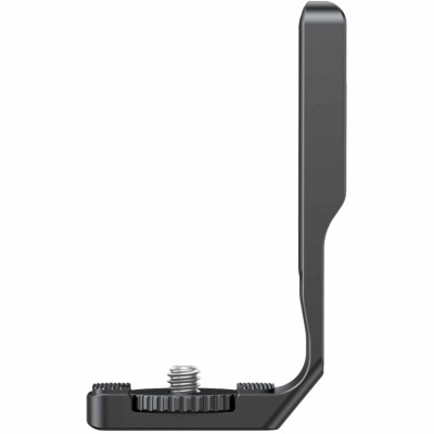 Suporte em L preto com rosca metálica prateada para câmara