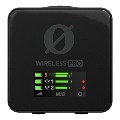 Dispositivo quadrado preto com ecrã com barras verdes e texto WIRELESS PRO.