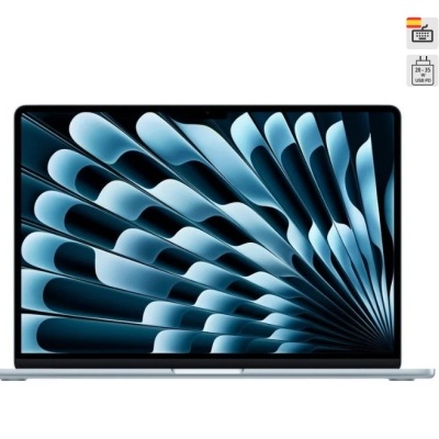 Computador portátil prateado com ecrã abstrato azul sobre fundo branco