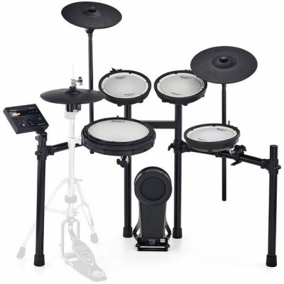 Bateria eletrónica preta e branca com módulo de controlo e estrutura metálica