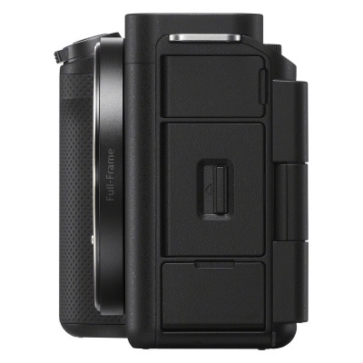 Câmara digital preta vista de lado com texto Full Frame.