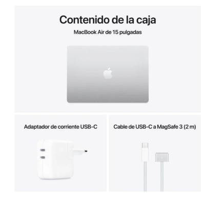Conteúdo da caixa do MacBook Air de 15 polegadas com adaptador e cabo branco