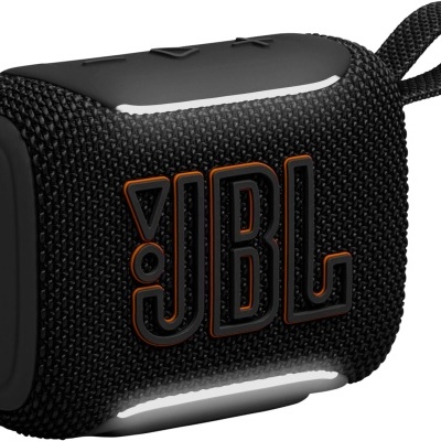 Coluna portátil Bluetooth JBL preta com tecido e logótipo em relevo laranja
