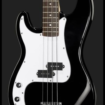 Guitarra elétrica preta com escudo branco e quatro cordas